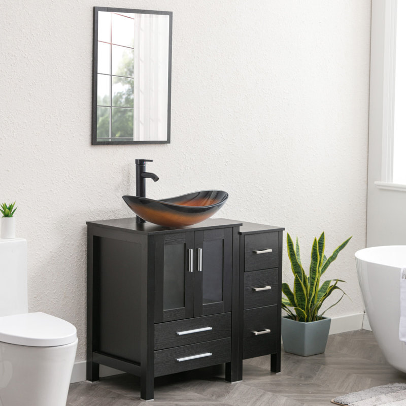 Breahnna 36'' Free Standing Single Bathroom Vanity with Manufactured Wood Top, Vessel Sink, Faucet, Drain, Black, Bronze
