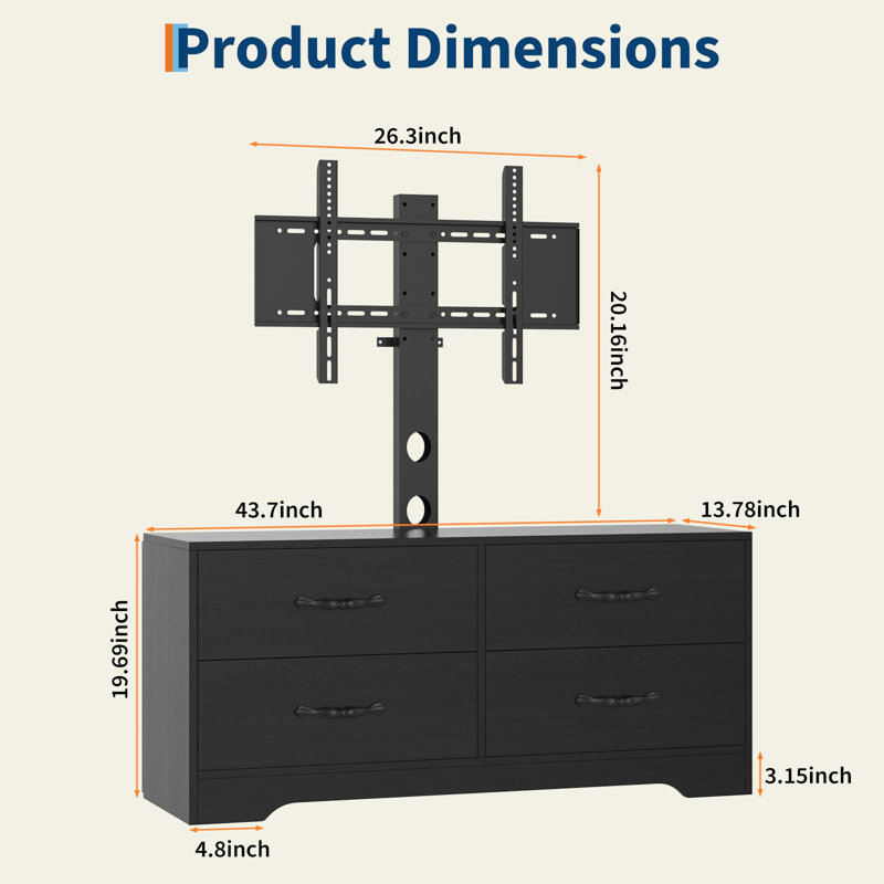 43.7" TV Stand with Mount for TVs 32–75", Modern Media Console with 4 Drawers & Adjustable TV Bracket, Black