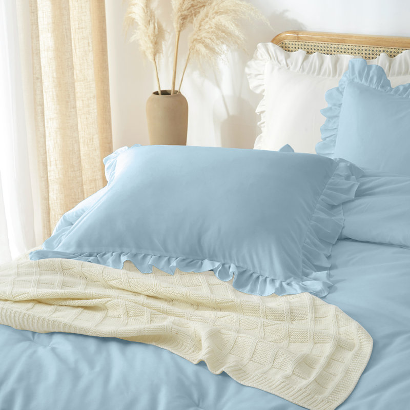 Ensemble de couette à volants Suncomfy, taille simple, bleu clair style shabby chic, Bleu clair, Simple/Simple TG