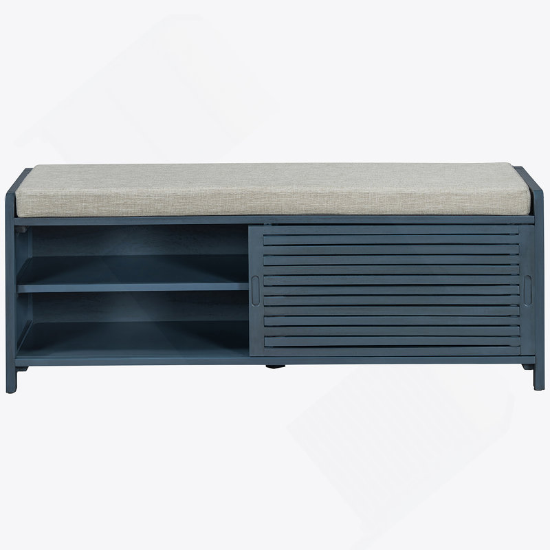 Distressed Shutter Storage Bench With Acacia Veneer For Retro Charm For Living Room, Entryway (Navy), Navy