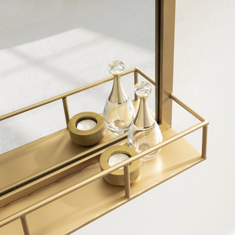 Heider Metal Flat Mirror with Shelves, Gold, 18" H x 40" W
