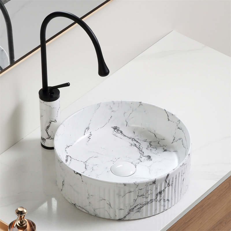 Round Vessel Sink Black White Marble 15"X15" Inch Bathroom Vessel Sink Round Above Counter Sink, Black/White