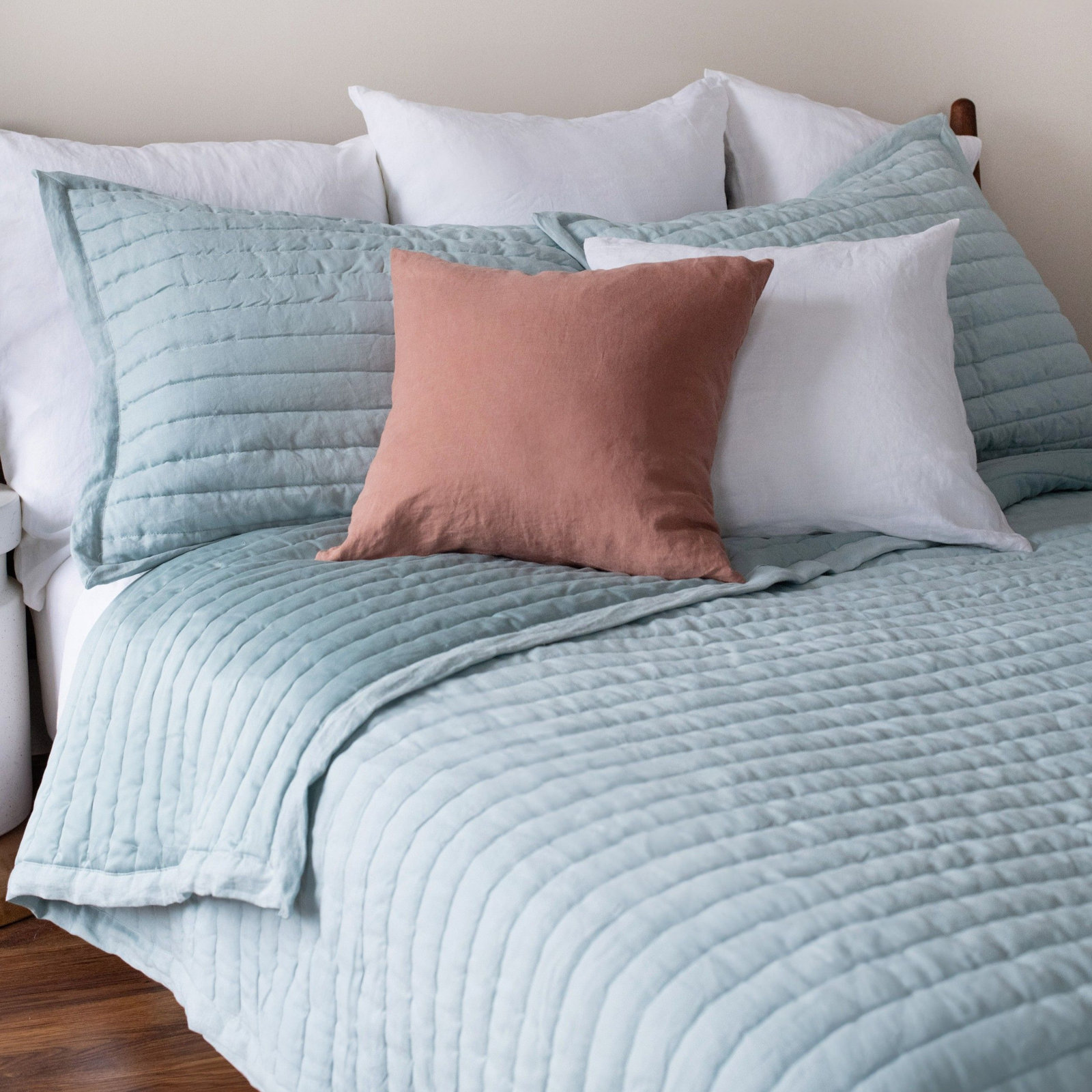 French Linen Channel Stitch Quilt & Sham Set - King/Cal King - Matcha, Wave, Twin Quilt + 1 Standard Sham