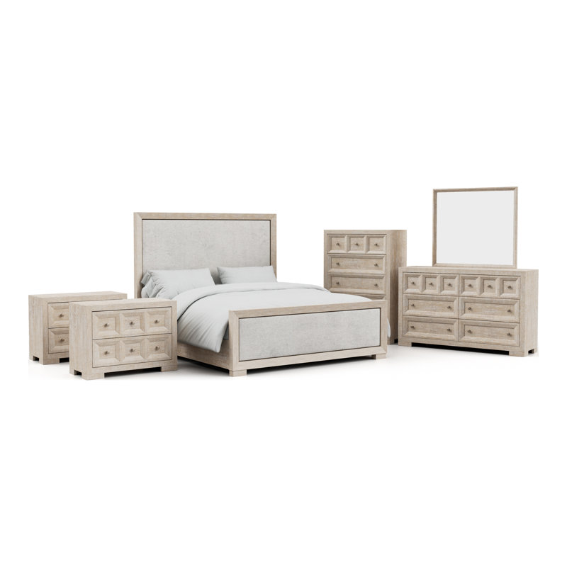 Schell 6-Piece Bedroom Set, Natural, Queen, 6 Pcs: Bed, 2 Nightstands, 2 Dressers, Mirror