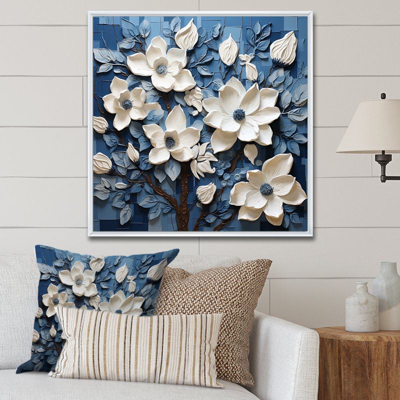 Tapisserie blanche et bleue «Magnolias» - décoration murale Magnolias, Cadre flottant blanc, H 24 po x l 24 po