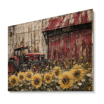 Country Side Sunflowers With Tractor Farm II - Farm Wood Wall Decor - On Natural Pine Wood