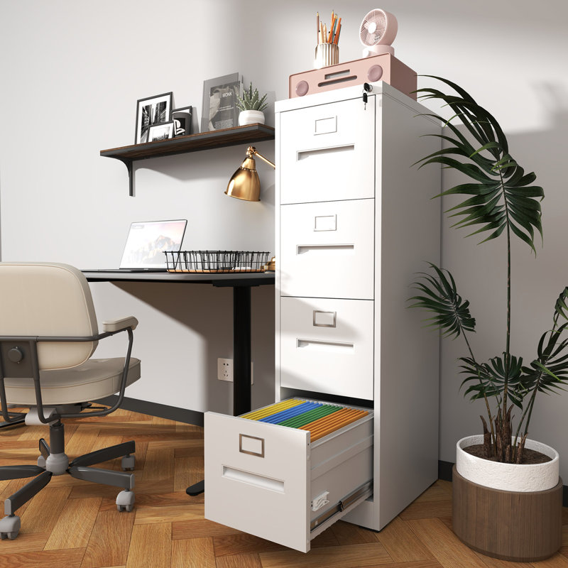 Vertical File Cabinet With 4 Lockable Drawers, A4/Legal/Letter Storage, Steel, Smooth Surface, Noiseless Operation High Capacity Drawer Cabinet, Compatibility, Steel Construction, Label Frames, Quiet