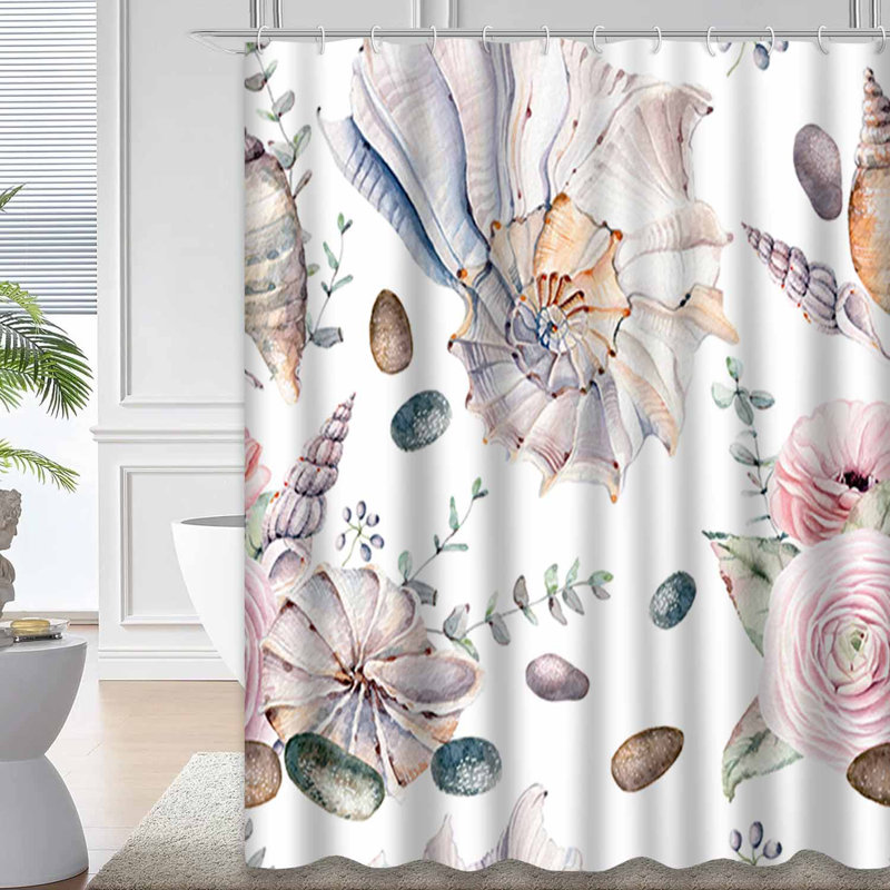 Rideau de douche en tissu avec 12 crochets Watercolor Sea Shells, L 72 po x l 84 po
