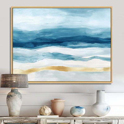 Tropical Wave Wall Art, Blue Gold Ocean Canvas, Blue Tropical Beach Ripples