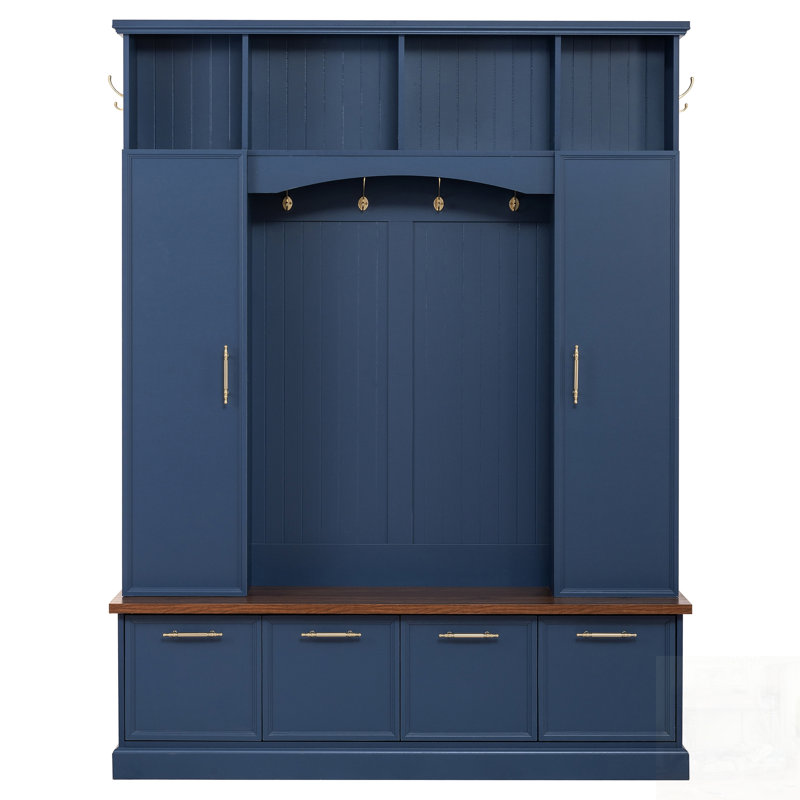 4-IN-1 Elegant Hall Tree With Golden Hooks & Handles, Practical Entryway Walnut Bench With Adjustable Shelves, Blue