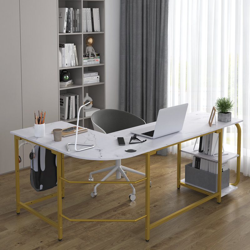 Konsta L-Shaped Metal Base Writing Desk, White Marble/Gold