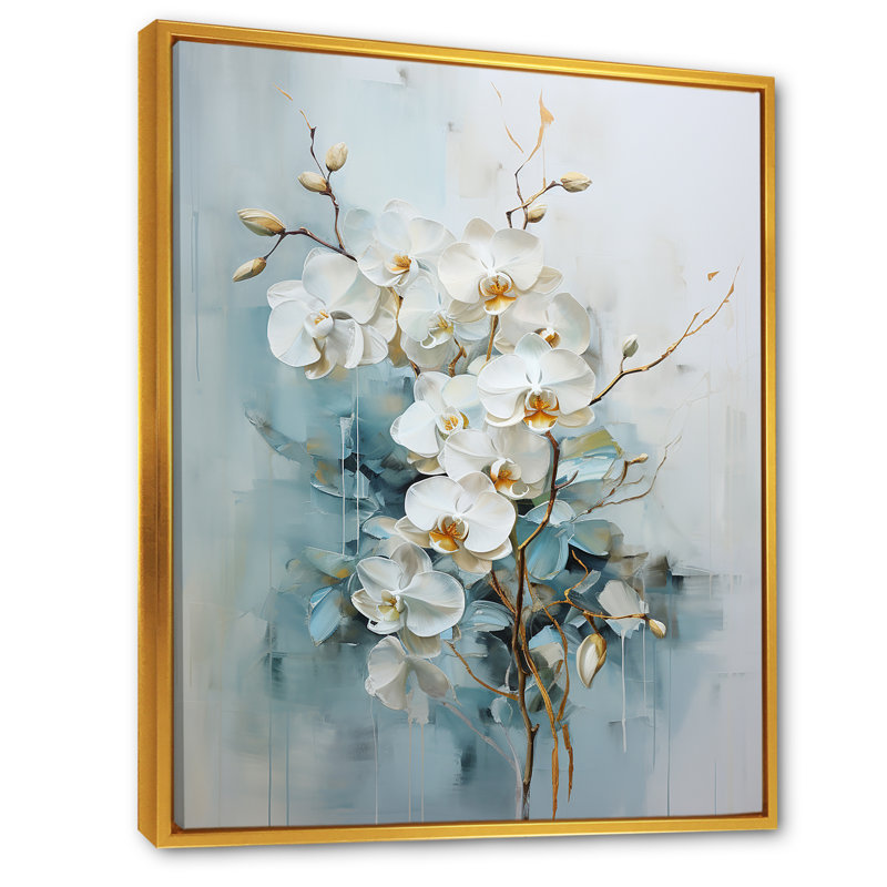 Élégance florale beige et or I, Cadre flottant doré, H 32 po x l 16 po x P 1 po