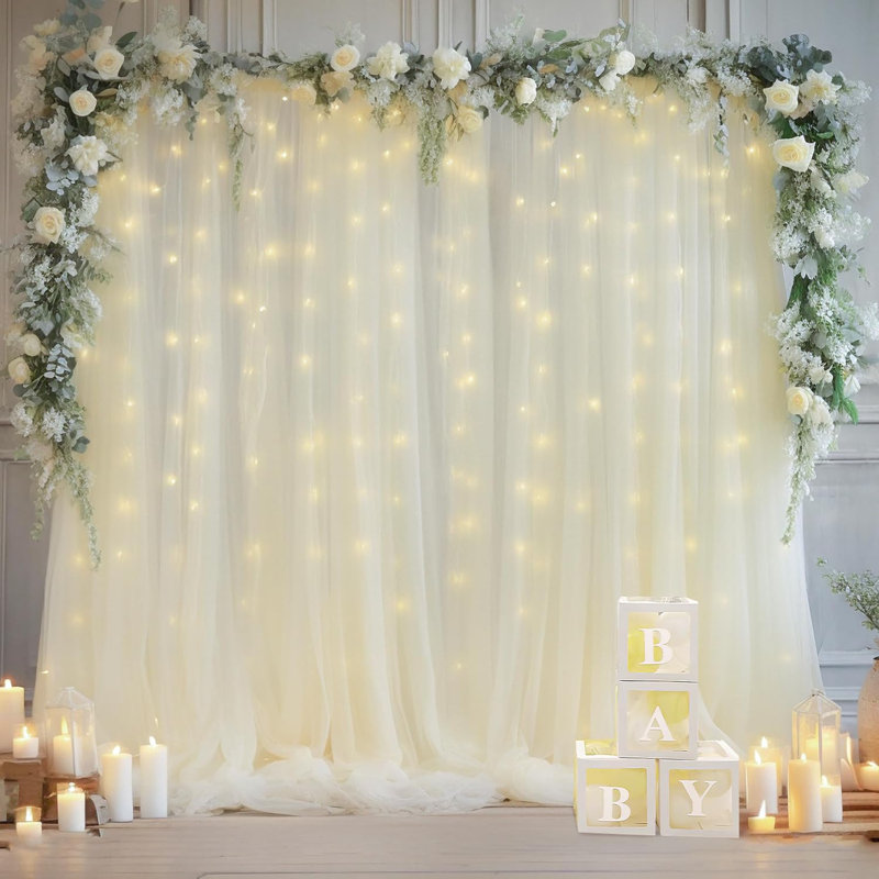 10x10ft Ivory Tulle Backdrop Curtain with Lights String for Parites