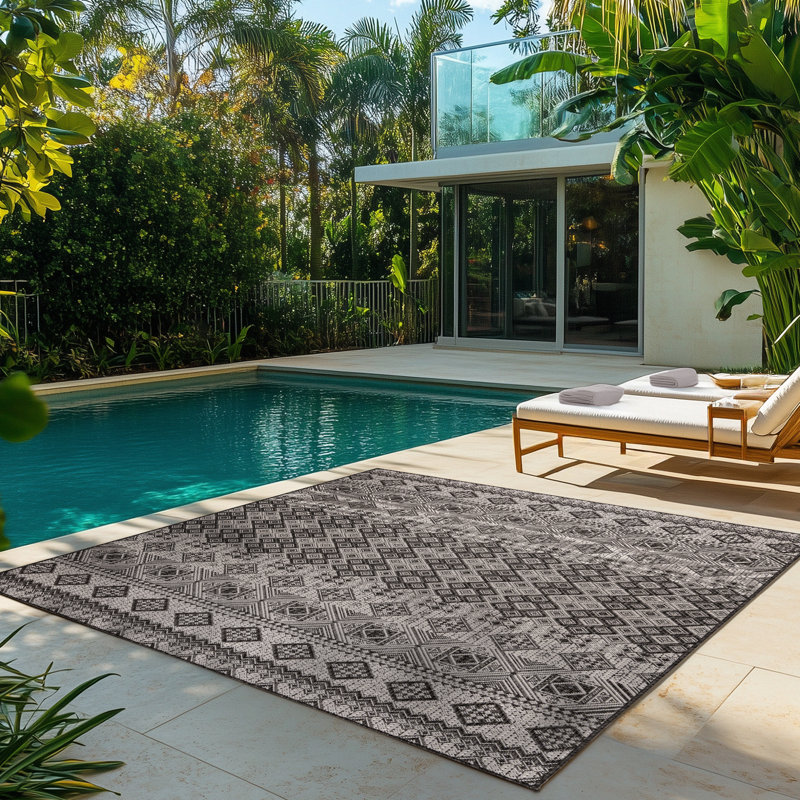 Tropea Darcy All-Weather Flatweave Indoor/Outdoor Area Rug, Black White Bohemian Moroccan – Patio, Deck, Porch & Poolside