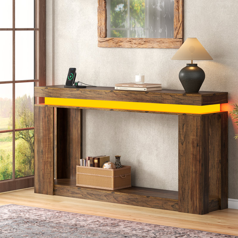 63" Long Console Table With Led Lights And Power Outlet, 2-Tier Farmhouse Sofa Table Behind Couch With Storage(Brown), Brown