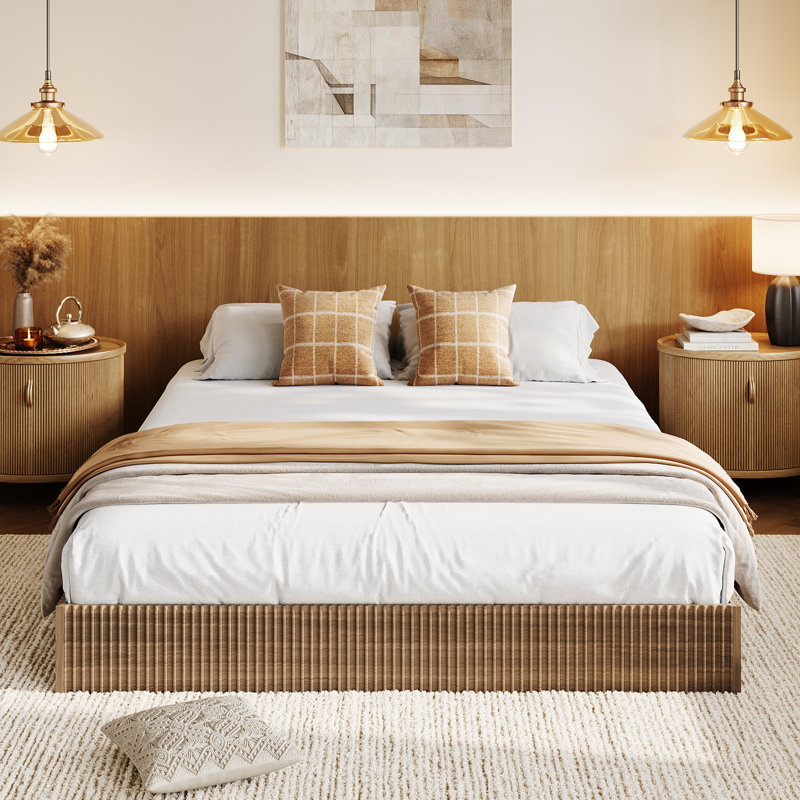 Base de lit, base de lit plateforme en bois, base de lit à profil bas avec conception cannelée, support de lattes en bois