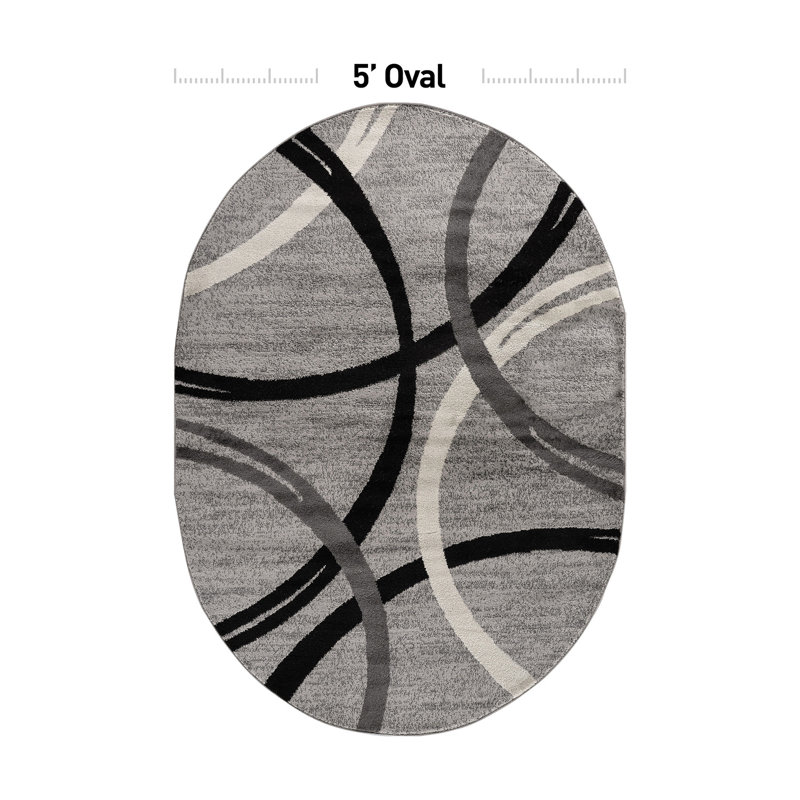 Devonshire Abstract Gray/Black/Ivory Area Rug, Oval 5' x 7'