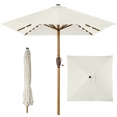 17 Stories 9Ft Deep Square Solar LED Lighted Patio Umbrella W/ Faux Wood Texture, UV-Resistant