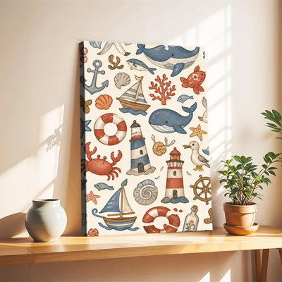 Nautical Whale Lighthouse And Sailboat Watercolor Seamless Pattern, Cute Ocean Art Canvas Wall Print For Coastal Home Decoration
