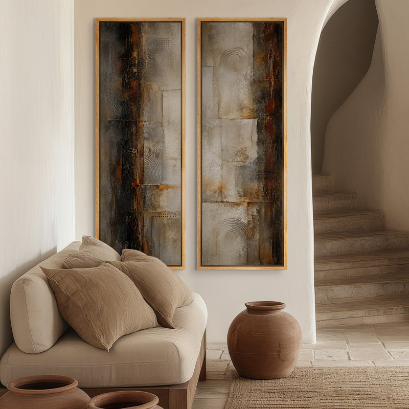 Décoration murale moderne avec un motif géométrique abstrait rustique brun et noir aux formes neutres et industrielles – Ensemble de 2 impressions sur toile encadrées 60 po x 20 po x 2