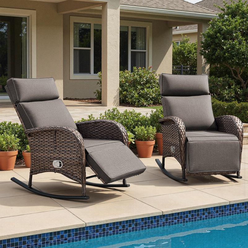 Fauteuil inclinable d'extérieur en osier à bascule avec dossier réglable et coussins (ensemble de 2), Gris