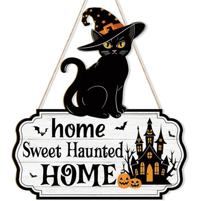 Décoration de porte en bois avec chat noir pour l'Halloween, citrouille effrayante et couronne de fantômes, décoration murale de maison hantée pour porte d'entrée, porche, ferme, intérieur et extérieur, décoration de fête