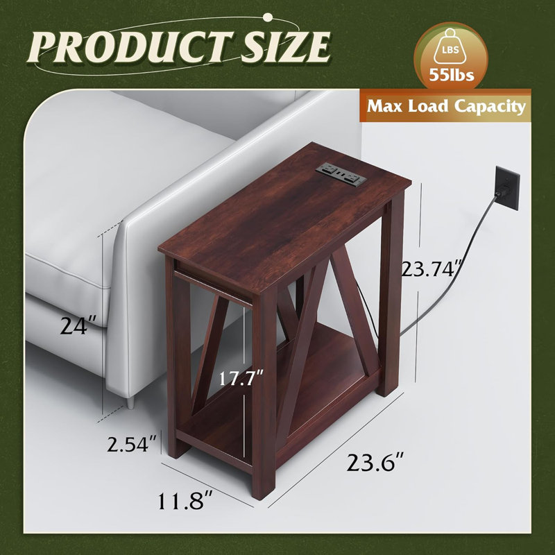 Narrow End Table With Charging Station And Storage Shelf,Farmhouse Slim Sofa Side Table With 2 USB Ports And 2 Power Outlets