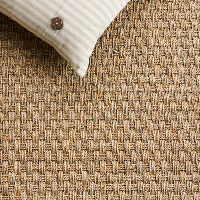 Tapis naturel / bleu en lattes de bambou / bleu marine