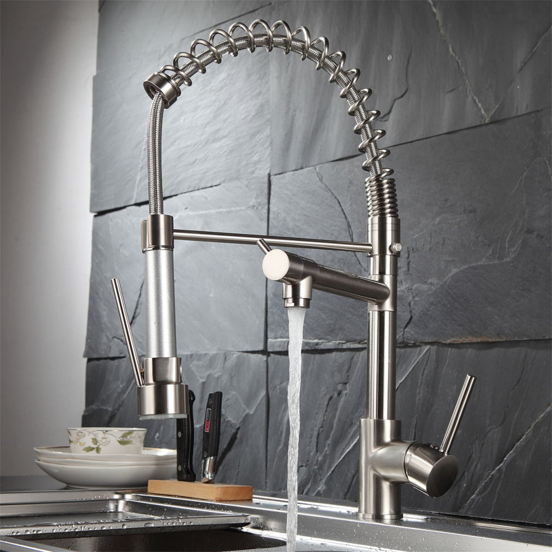 Robinet d'évier de cuisine commercial à poignée simple avec robinets en laiton massif, Nickel brossé