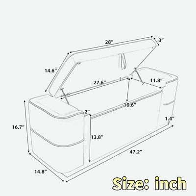 Banc ottoman moderne rembourré avec compartiment de rangement dissimulé, couvercle rabattable et bandes décoratives en métal doré