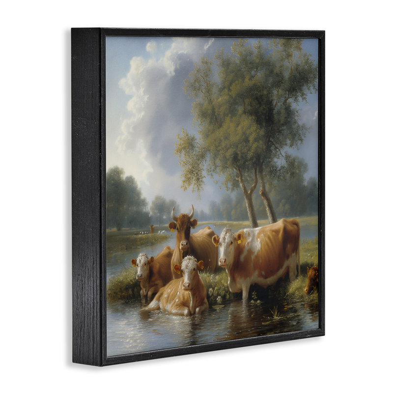 «Cow Family», scène de charme encadrée par Steve Huntziker, H 12 po x l 12 po, Giclée encadrée noir minuit