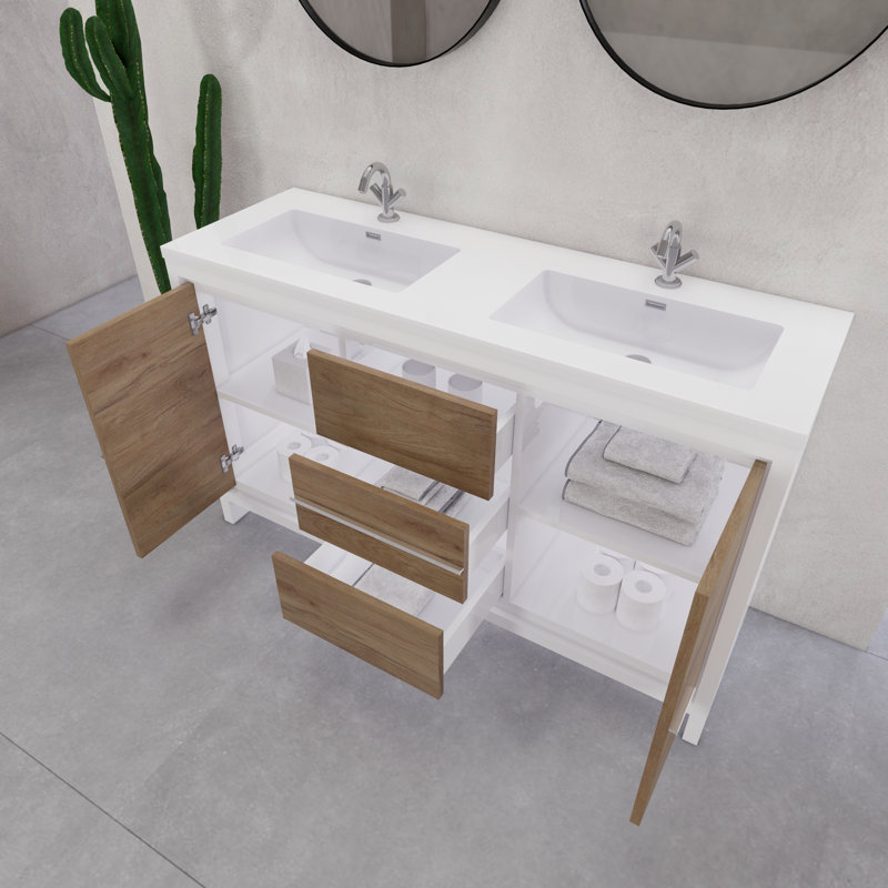Eden 60" Double Sink Bathroom Vanity Set, Gloss White/Teak