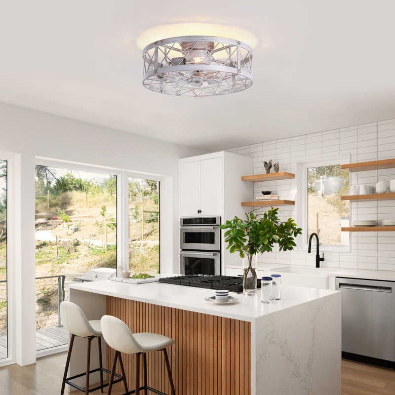 20" Flush Mount Caged Ceiling Fan with Lights and Remote Control, 20", White Brush Gold