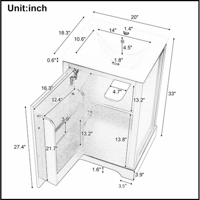 Meuble-lavabo moderne de 20 pouces avec lavabo en céramique, porte à fermeture douce et nombreuses solutions de rangement