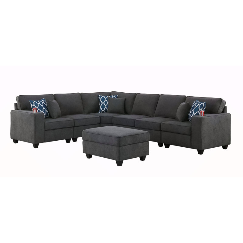 Canapé modulaire réversible en L avec repose-pieds et porte-gobelet Cooper, Tissu gris