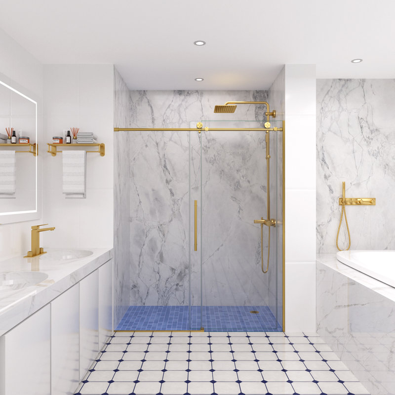 Porte de douche sans cadre, porte de douche en verre coulissante double l 56-60 po x H 74 po avec porte de douche en verre trempé épais épais de 5/16 po (8 mm), système de fermeture en douceur et revêtement anti-déflagrant Nano, or brossé