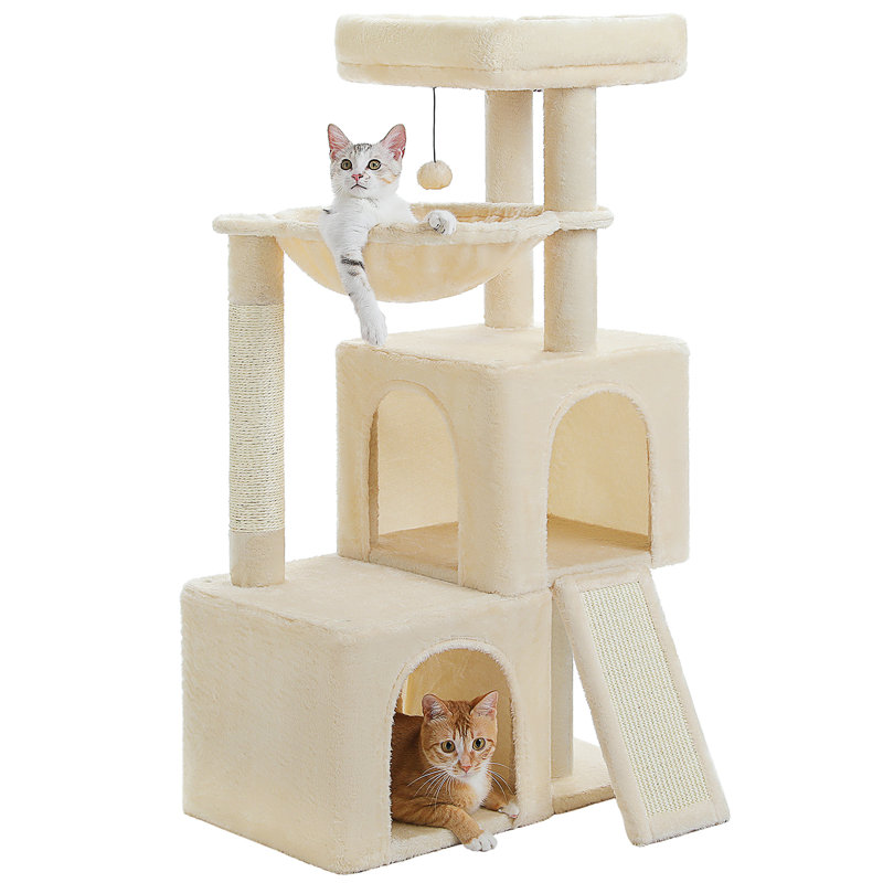 Grand arbre à chat, tour à chat à plusieurs niveaux de 41 pouces avec 2 condos spacieux pour chats d'intérieur, grande maison pour chat avec hamac confortable, perchoir rembourré, patin à griffes et boules remplaçables