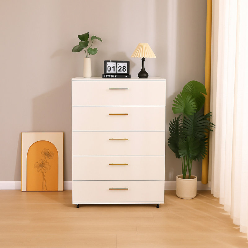 Commode 5 tiroirs avec poignées - Armoire de rangement moderne, Blanc
