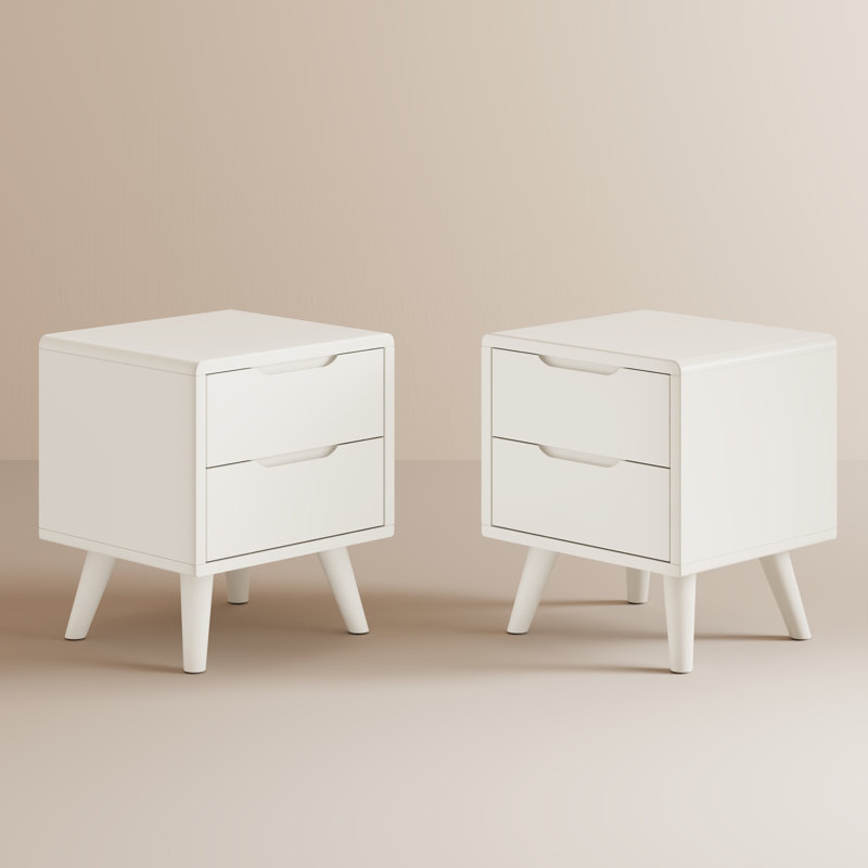 Ensemble de table de chevet 2 tiroirs Mid-Century, table de chevet en bois massif avec rangement, Blanc