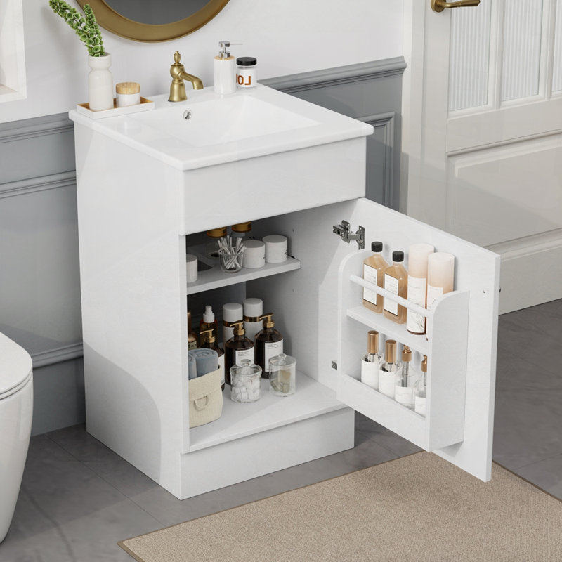 Armoire de meuble-lavabo avec tablette de porte et tablette réglable, Blanc