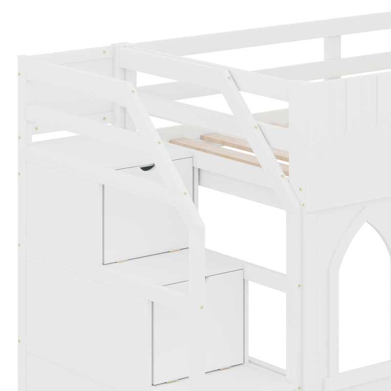 Structure de lit en bois château avec escalier de rangement, fenêtres et garde-corps, Blanc