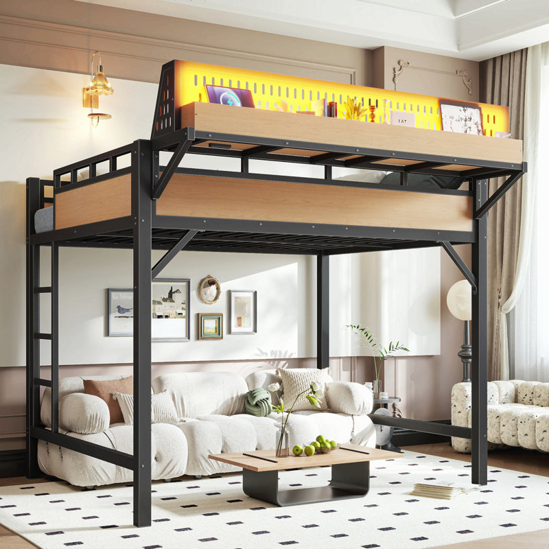 Structure de lit mezzanine avec tablettes de rangement et panneau perforé, lit mezzanine en métal avec ports USB et lumières à DEL, sécuritaire et robuste