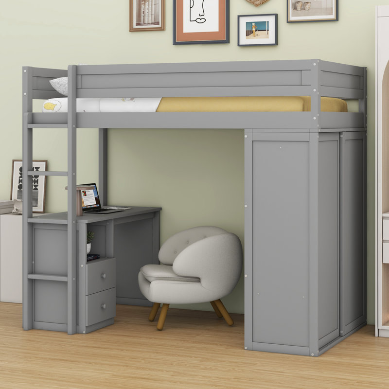 Lit mezzanine avec placards et bureau à 2 tiroirs avec armoire, Gris