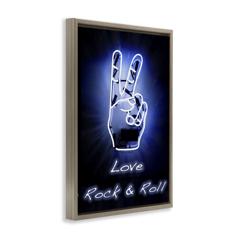  Toile flottante encadrée «Love Rock & Roll Neon» par Graffi * Tee Studios, H 25 po x l 17 po, Cadre flottant orme Montalcino