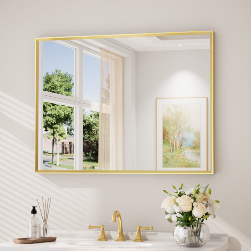 Bathroom Vanity Mirror with Aluminum Frame and Tempered Glass, Brushed Gold, 40" x 30", Rectangle