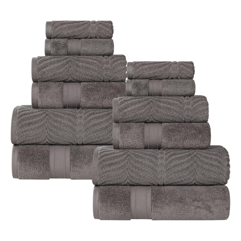 Purdey Chevron Zero Twist Solid and Jacquard Cotton 12 Piece Bathroom Towel Set, Charcoal