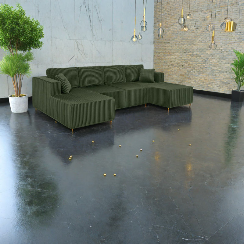 Spacious Green Sectionals Sofa, Foam Upholstered Modern Minimalist Design For Home