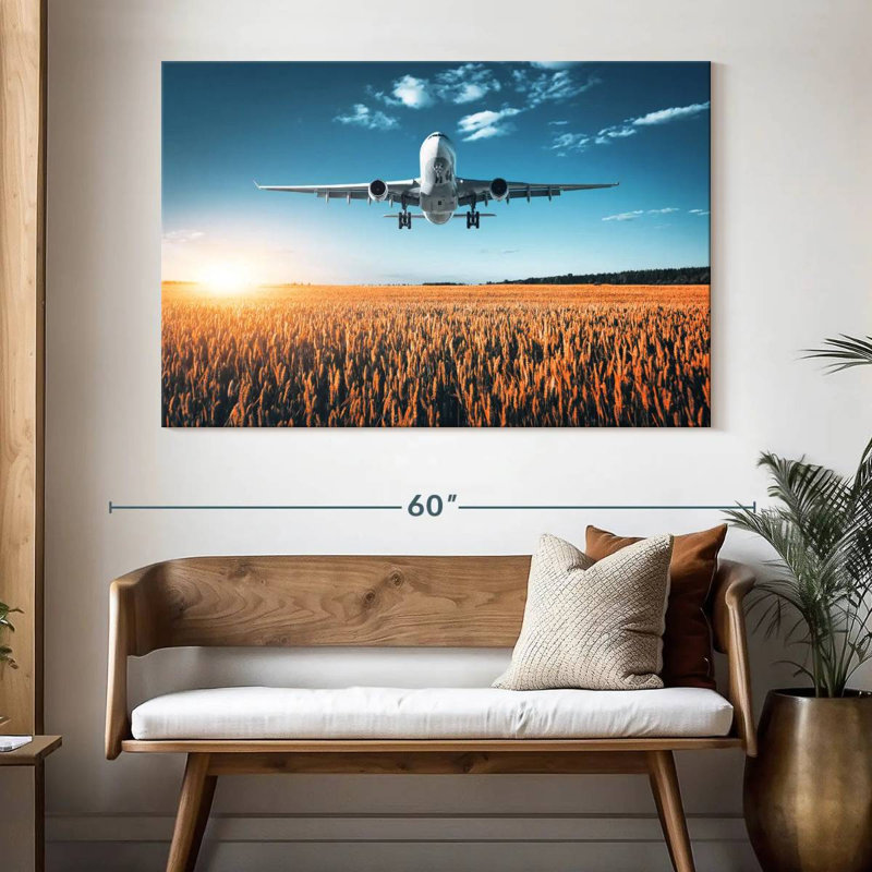 Avion au-dessus d'un champ, H 34 po x l 51 po