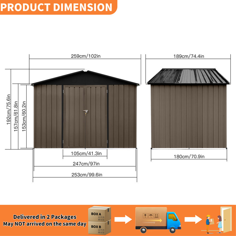 8 pi L 6 pi. D - Remise en métal avec évents en plastique et porte coulissante, remise extérieure en brun et noir (45 pieds carrés)