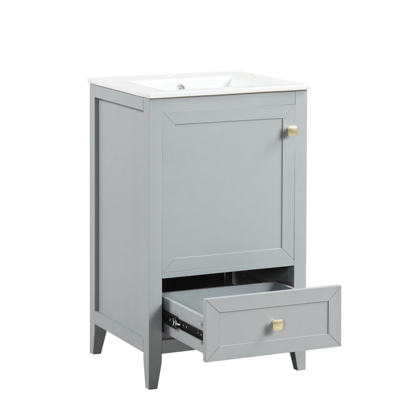 Meuble-lavabo avec lavabo gris de 20 po. Porte et rangement élégants. Et céramique. Finition à l'eau. Assemblage requis. Tiroir en céramique. Planche.